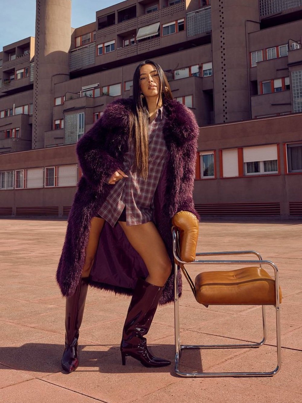 Boohoo Plush Faux Fur Long Coat in Plum - Picture 2 of 5